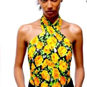 Zara Vibrant Floral Halter Top - Black and Yellow Sz M